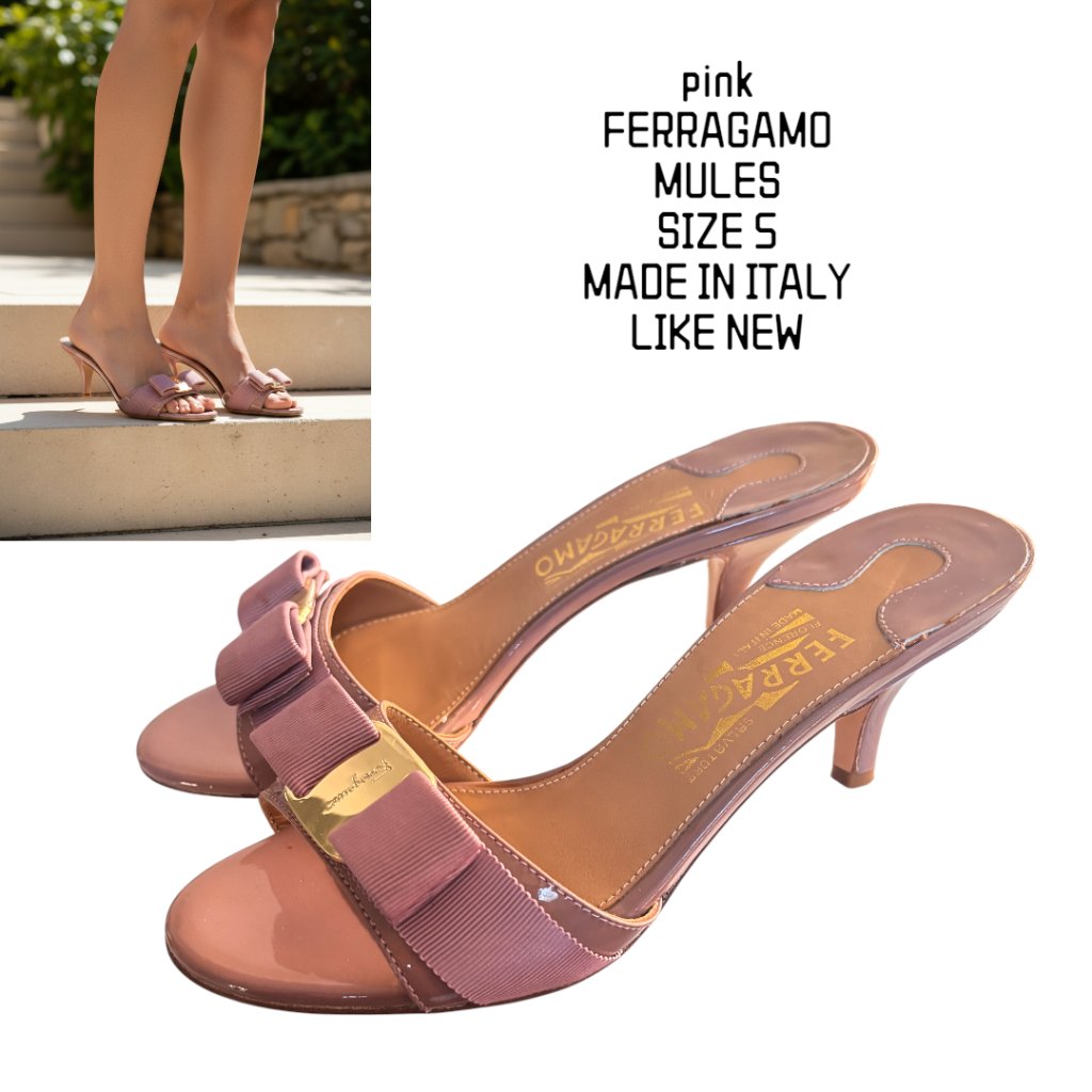 Pink Ribbon Bow Salvatore Ferragamo Mules Slides Heels Size 5 Like New